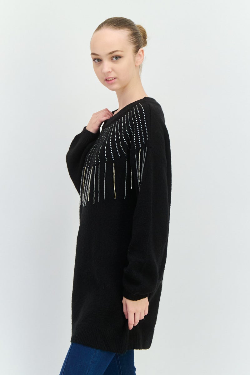 Aqua سويت شيرت نسائي مزخرف بأكمام طويلة، أسود - Image 2